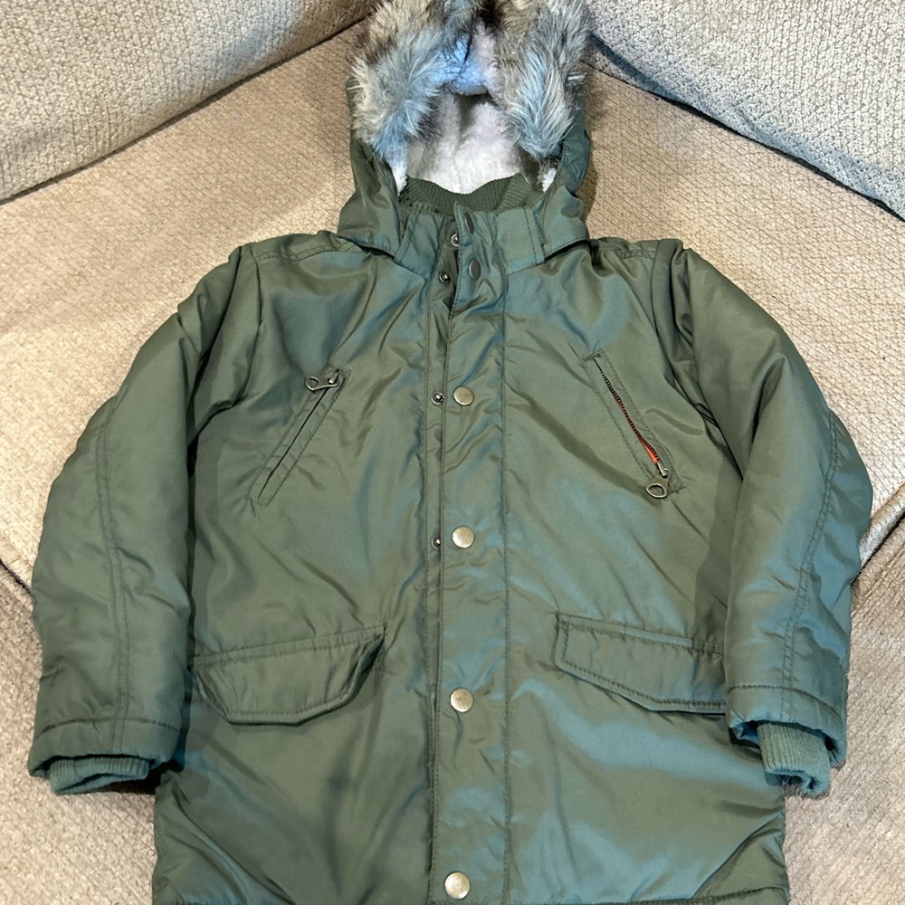 H&M Kids Olive Puffer Jacket with removable Faux Fur Hood